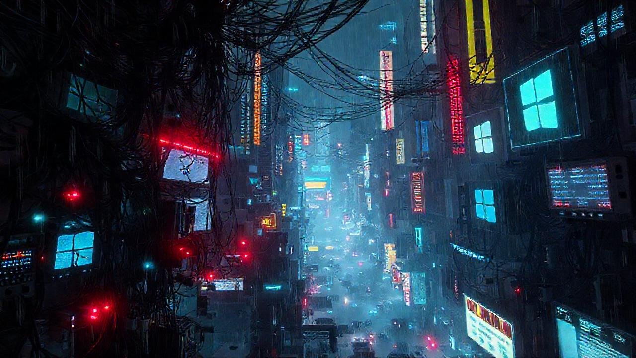 Ciudad cyberpunk digital, caótica y decadente