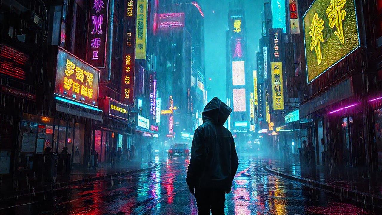 Ciudad cyberpunk vibrante, oscura y digital