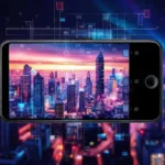 Ciudad futurista con tecnología holográfica brillante