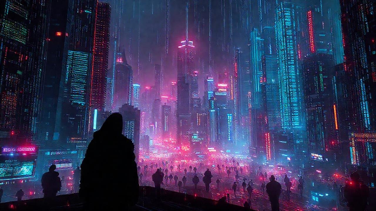 Ciudad cyberpunk digital, oscura y amenazante