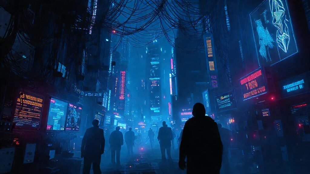 Ciudad cyberpunk oscura y digitalmente inquietante