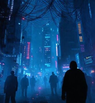 Ciudad cyberpunk oscura y digitalmente inquietante