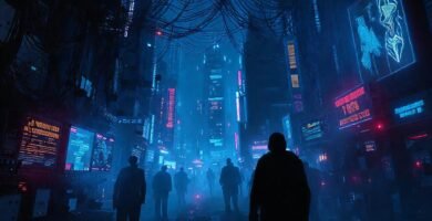 Ciudad cyberpunk oscura y digitalmente inquietante