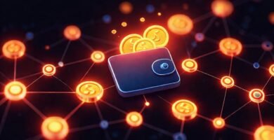 Billetera digital futurista muestra datos seguros