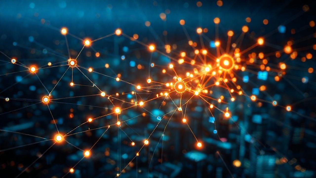 Ciudad futurista digital, redes brillantes y complejas