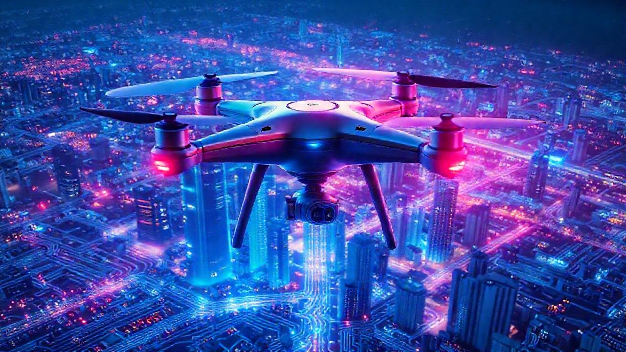 Un dron futurista y tecnológico brilla
