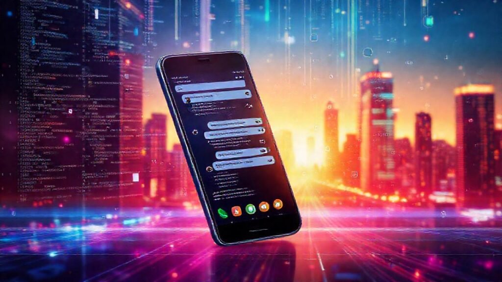 Un teléfono Android futurista digitalmente brillante