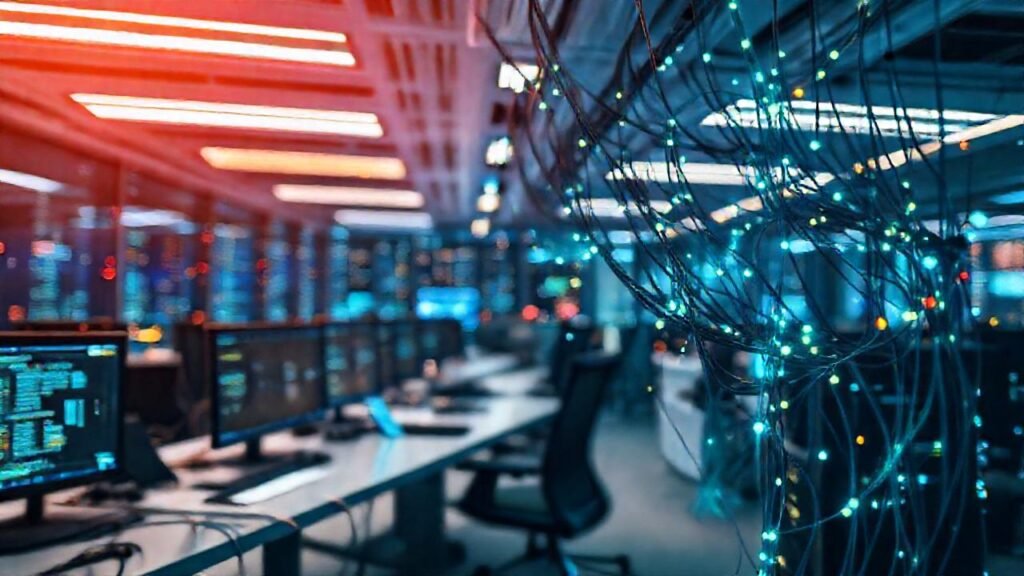 Un espacio de oficina tecnológico y vibrante