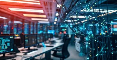 Un espacio de oficina tecnológico y vibrante