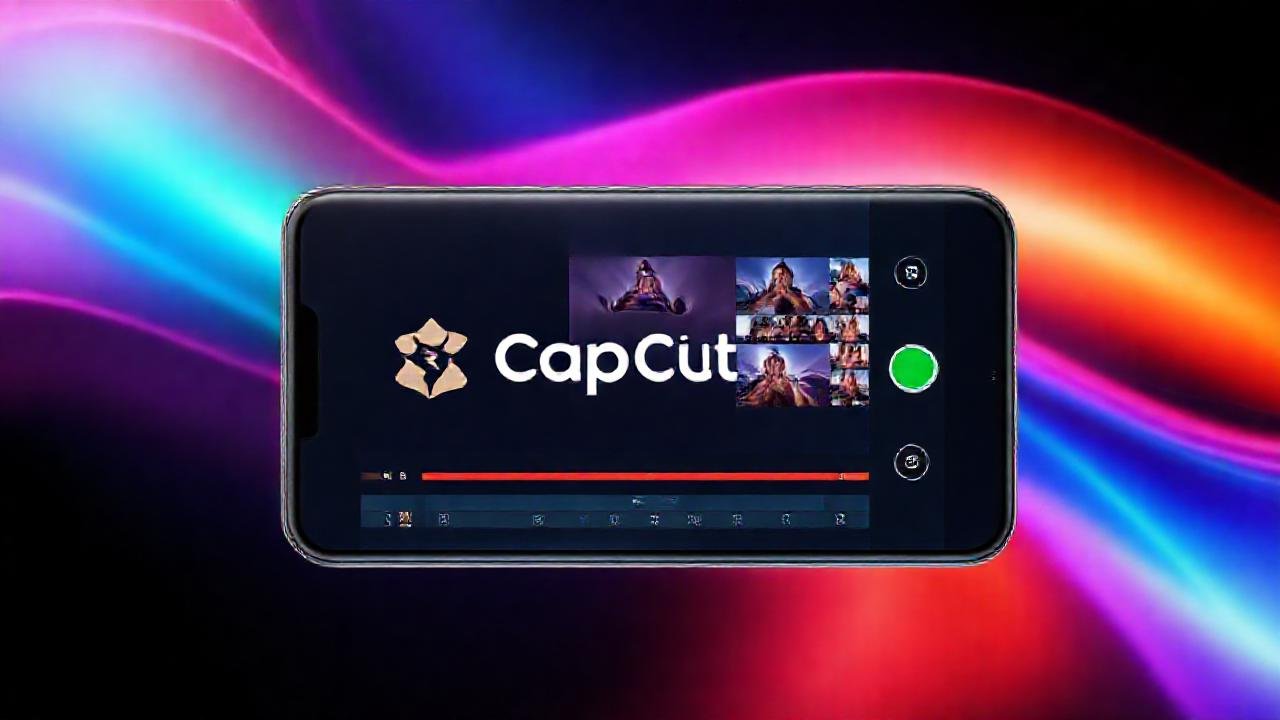 Smartphone moderno edita vídeos dinámicos coloridos
