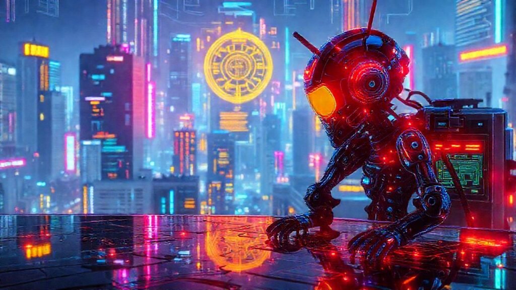 Android cyberpunk futurista irradia luces digitales