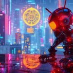 Android cyberpunk futurista irradia luces digitales