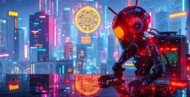 Android cyberpunk futurista irradia luces digitales
